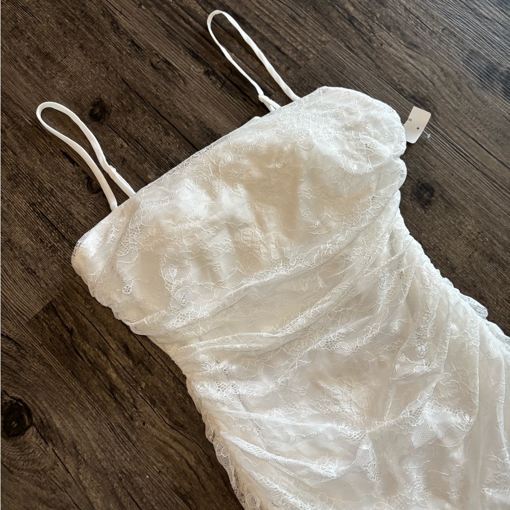 Windsor Lace White Mini Bodycon Dress With Tie-Back Design - Picture 6 of 14